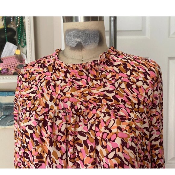 FOREVER 21 Pink Abstract Silky Poet Sleeve ruffle Blouse Tunic Shirt *SMALL* - Picture 2 of 5